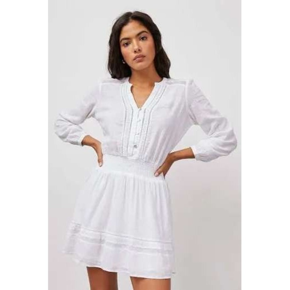 Rails White‎ Gauze Lace Trim Smocked Waist Mini Dress Long Sleeve Womens XS